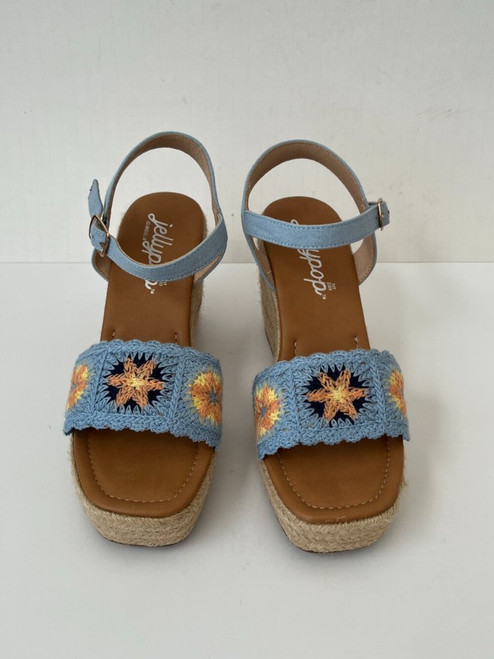 Jellypop Enchant Blue Multi Color Crochet J17MOCR Wedge Sandals Womens Size 9.5M